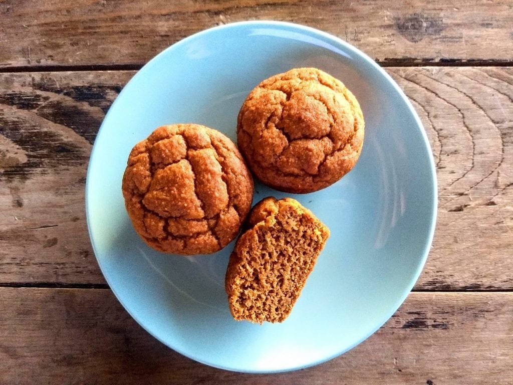 Three pumpkin muffins on a plate